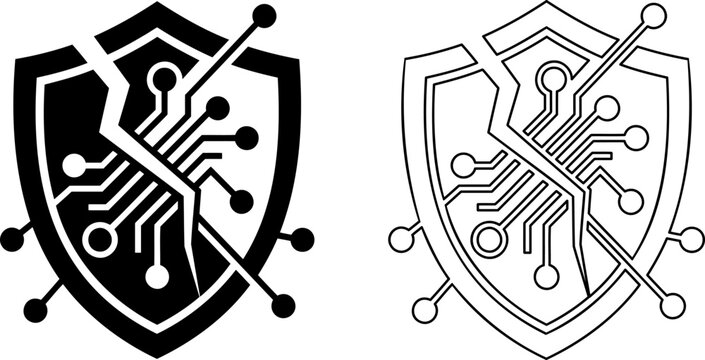 Circuit board security shield split icon, compromised microchip defense and hardware data breach vector illustration