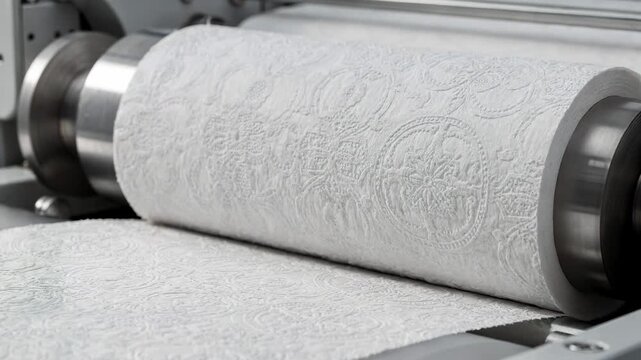 Medium shot capturing decorative embossing steel rolls shaping elegant floral and geometric motifs on paper towels showcasing aesthetic appeal and tactile quality.
