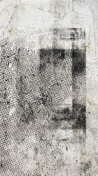Abstract distressed paper texture featuring a faded half dot print overlay with grunge details, worn ink patterns, and vintage monochrome aesthetics.