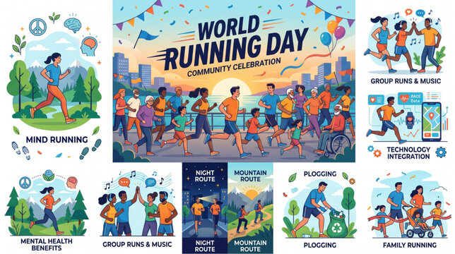 Flat vector illustration of World Running Day community celebration and outdoor marathon activities.
