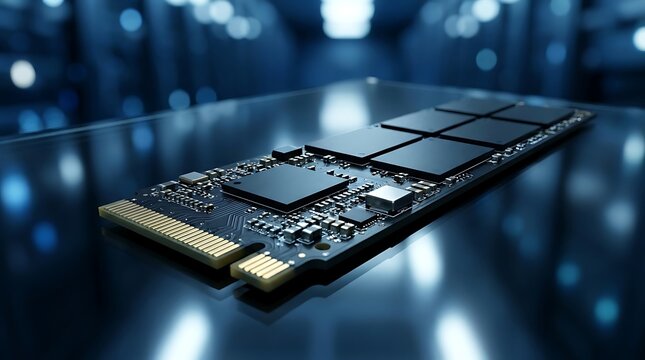A close-up, high-angle shot of a solid-state drive (SSD) storage device, showcasing its intricate circuit board, memory chips, and gold-plated connector against a blurred, futuristic.
