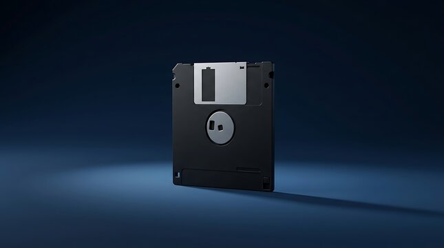 A vintage 3.5-inch floppy disk, a relic of early computing technology, is presented against a dark blue gradient background with dramatic lighting