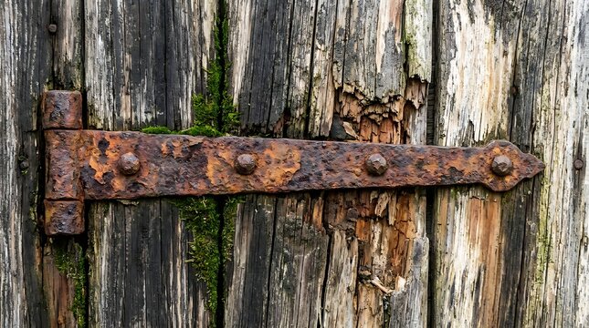 Close-up of a rusty hinge on an old wooden door, with moss growing on the wood