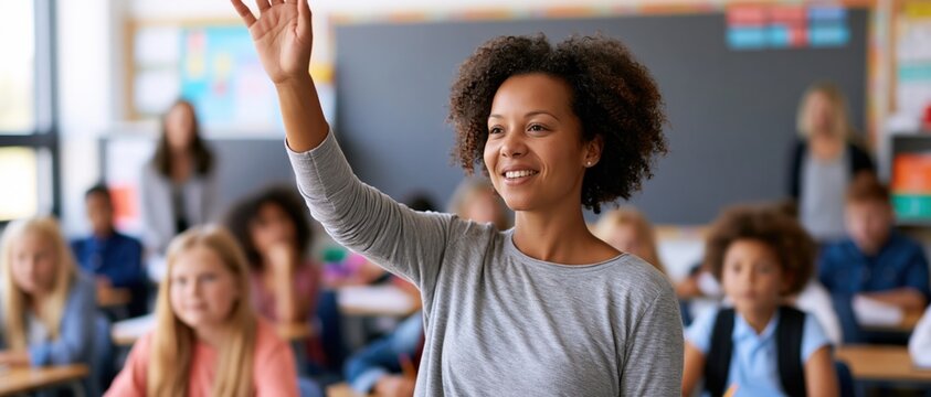 A smiling teacher engages a classroom full of eager students, embodying enthusiasm and connection in education, making learning enjoyable and inspiring for all ages.