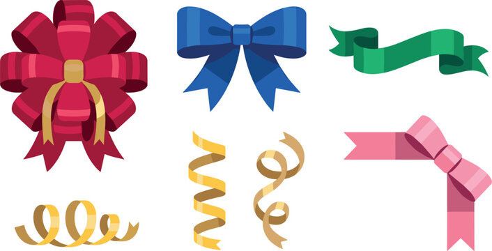 Festive Gift Bow and Ribbon Vector Set Featuring Colorful Red Blue Pink Decorative Knots Curled Gold Streamers and Green Wavy Banner