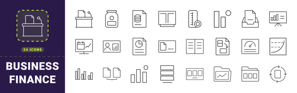 Business finance line icon set. Vector pictograms of reporting, analytics, accounting, and briefing elements, thin linear illustration.