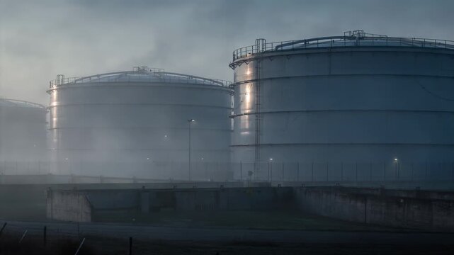 Light mist enveloping a tank farm with floating roofs in a medium shot capturing the soft silhouettes of large storage tanks and protective containment structures.
