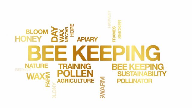 Bee keeping concept Animated Tag Word Cloud kinetic typography, Text Design Animation typography seamless loop video motion graphics Intro Wordart arrangement tagcloud golden type on white background 