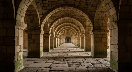 Obraz premium Ancient Stone Tunnel with Arched Ceilings and Pathway.