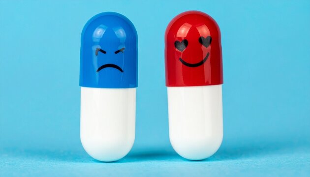 Capsule pills faces emotion contrast health concept