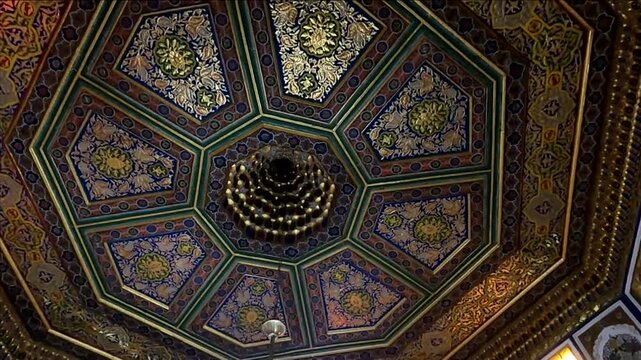 Intricate painted octagonal ceiling of Sitorai Mokhi-Khosa summer palace