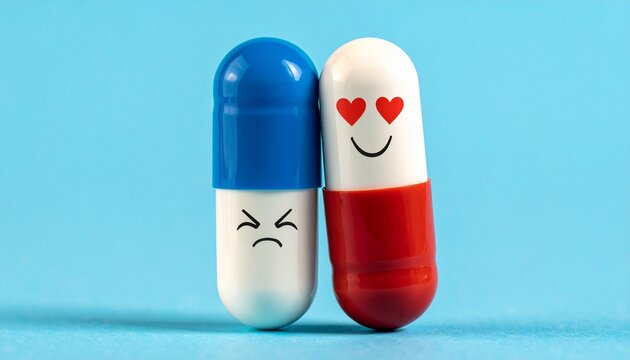 Capsule pills faces emotion contrast health concept