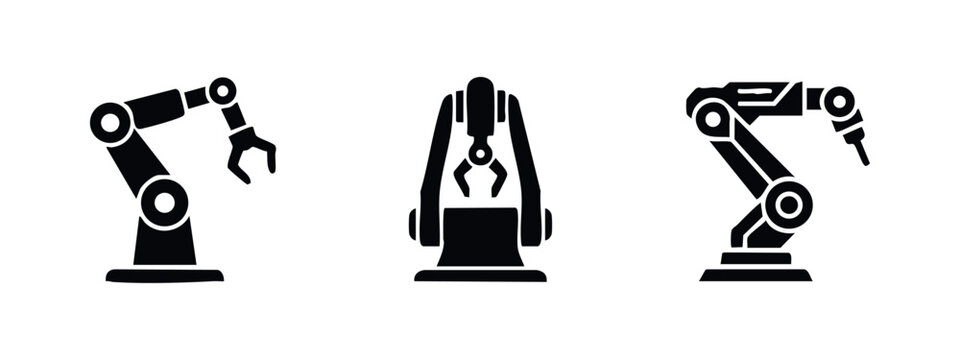 Robotic arm icon set. Industrial robot, automation, and manufacturing technology symbols.