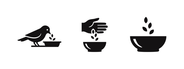 Obraz premium Bird Feeding Icons Set, Seed and Food, Black Silhouette