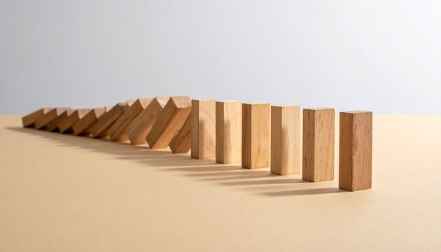 Wooden domino blocks falling chain reaction cause effect