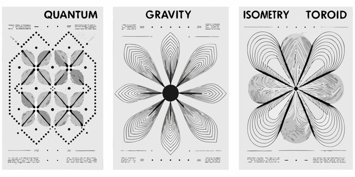 abstract science posters with monochromatic patterns quantum gravity isometry toroid black white