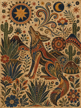 Traditional Mexican Coyote Art Print, Flat Amate Bark Painting for Desert Bohemian Decor