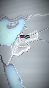 Vertical 3D stylized map animation highlighting Jordan with glowing borders and national flag marker, ideal for Middle East news broadcast graphics or corporate geography presentations.
