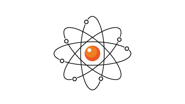 Scientific atom model illustration with a central orange nucleus and orbiting electrons in a classic physics diagram.