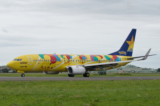 Ibaraki Prefecture, Japan - June 11, 2022: Skymark Airlines Boeing 737-800 (JA73AB) Pikachu Jet BC1 taxiing after landing at Ibaraki Airport