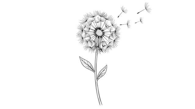 Detailed line art illustration of a dandelion flower with its seeds being carried away by the wind on white background.