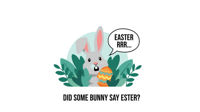 Cute Easter bunny character peeking out from green leaves with a decorated egg and a speech bubble saying easter rrr.