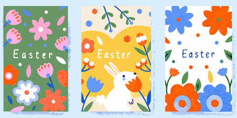 set of four easter greeting cards with colorful floral designs flowers rabbit © Rina