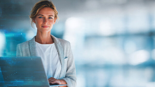 Confident businesswoman standing with laptop in modern bright office representing leadership corporate success and data analytics