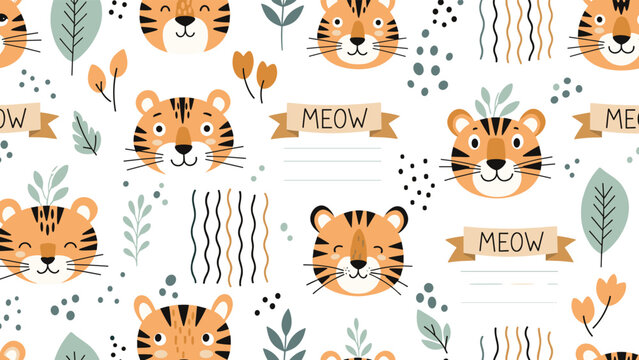 Seamless pattern with cute tiger faces and leaves including the text meow for playful children textile and wallpaper.