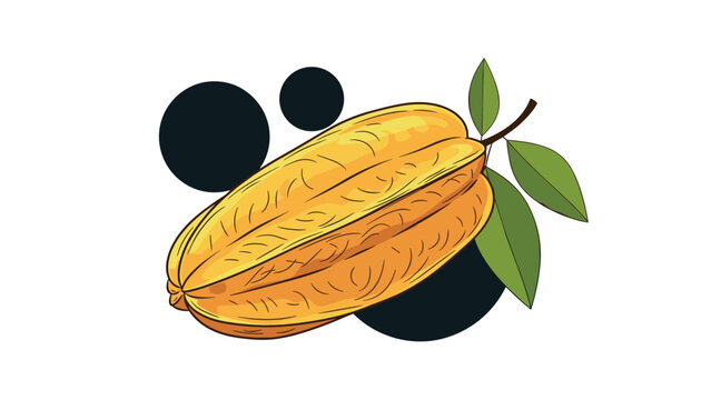 Detailed illustration of a starfruit with its unique ridges and green leaves set against a simple dark background.