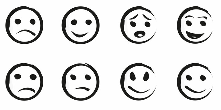 eight hand drawn circular icons depicting emotions on white background hand drawn expressions