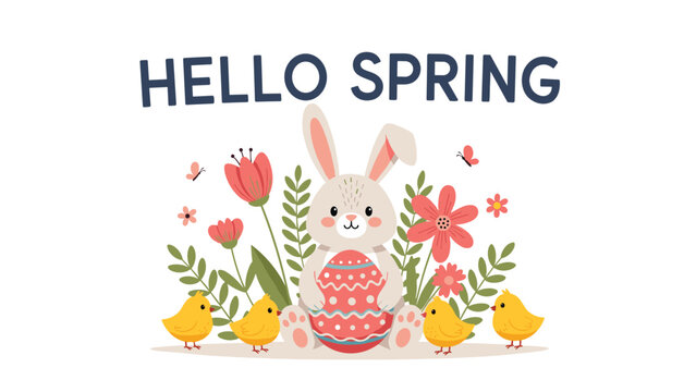 Hello spring illustration featuring a cute bunny holding a decorated egg surrounded by fluffy yellow chicks and flowers.
