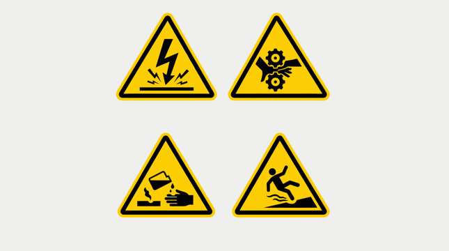 Four yellow triangular warning signs depicting electrical hazard, crushing hazard, hot liquid spill, and slipping hazard.