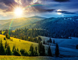 mountainous countryside landscape in summer. day meet night. sun and moon over view of green rural scenery with grassy pastures and rolling forested hills. wonderful mountain weather with cloudy sky © Pellinni
