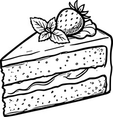 Hand-drawn slice of cake with strawberry and mint leaves, dessert illustration © Kasut