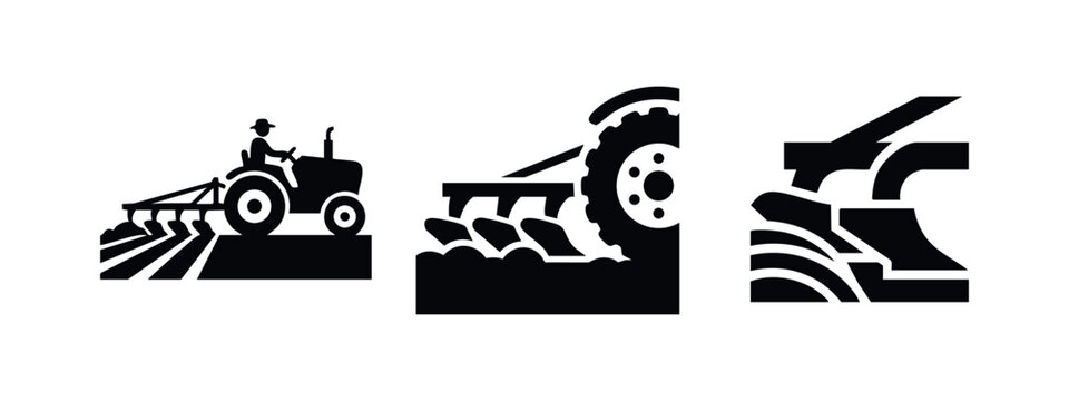 Agriculture Icons: Tractor Plowing Field, Plow Detail, and Farming Equipment