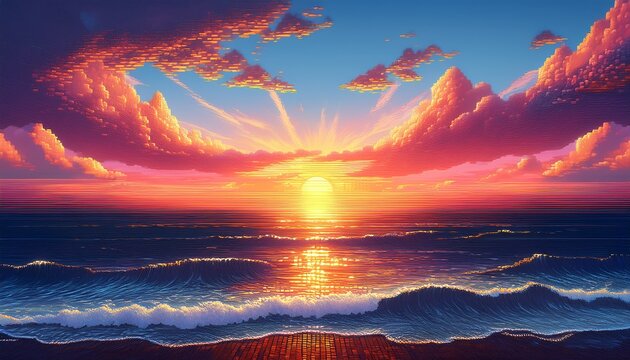 Pixel Art Sunset Over Ocean With Dramatic Clouds And Waves