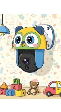 Cute Owl Shaped Security Camera in Playroom Setting.