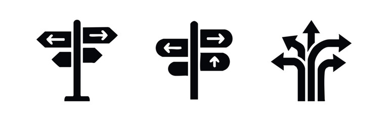 Collection of three black silhouette direction sign icons on a white background © Lili