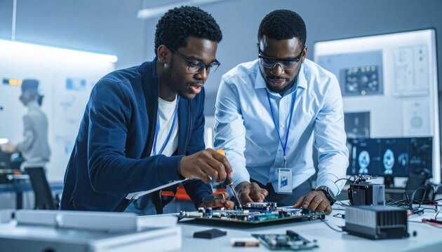 Two engineers working on advanced electronics in a modern lab