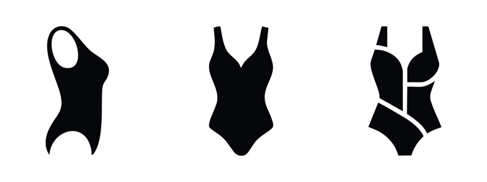 Collection of three black silhouette one-piece swimsuits on a white background