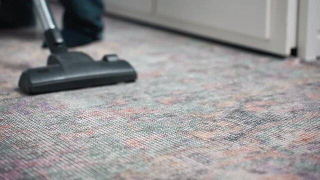 Closeup carpet cleaning under cabinet, intimate shot of nozzle gliding along rug edge under cabinet, precise passes reveal fiber texture and dust removal, careful focus on baseboard and corner,