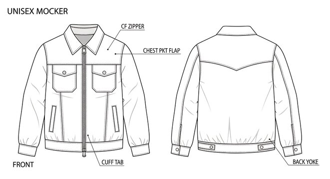 Unisex Jacket Technical Drawing Front and Back Views.