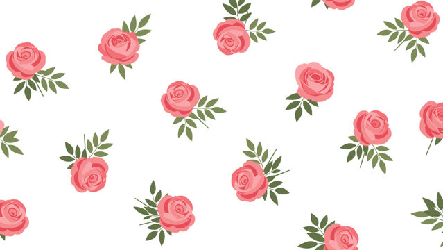 Beautiful seamless floral pattern featuring repeating pink rose flowers and small green leaf sprigs on a bright white background for textile use.