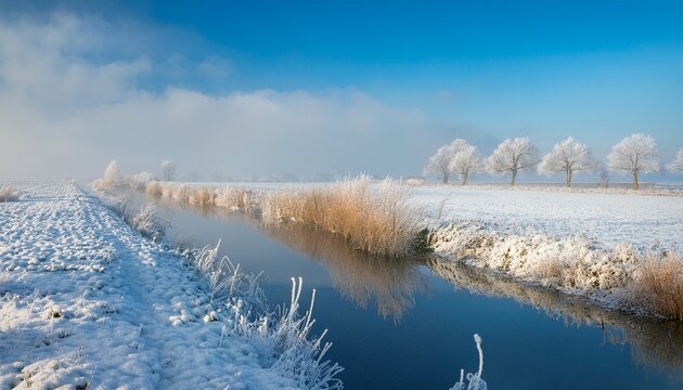 Nature Covered In Snow In Winter Almere Flevoland Netherlands