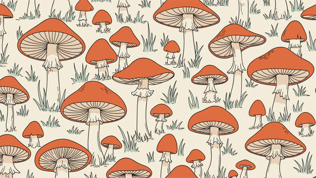 Vintage style seamless pattern illustrates a field of various sized orange mushrooms growing among small tufts of green grass.
