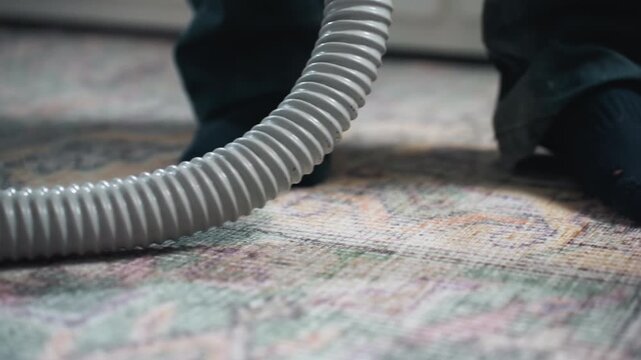 Socked feet on patterned rug vacuuming closeup of feet guiding flexible vacuum hose across vintage rug, soft morning light, calm domestic mood, homeowner performing gentle cleaning, focus on texture