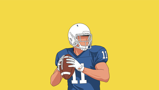 Athletic illustration of an American football player in a blue and white uniform prepares to throw a pass on a yellow background.