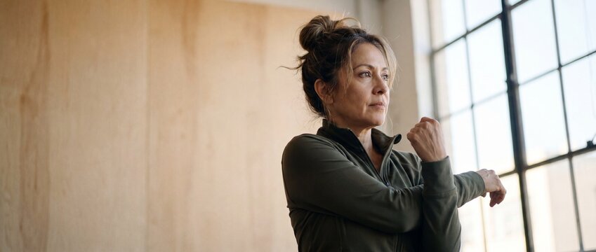 Mature woman stretching arm indoor fitness workout in gym loft, determined middle aged female athlete doing warmup shoulder stretch near window, healthy lifestyle wellness and active aging routine.