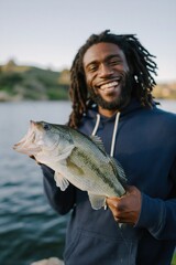 Obraz premium Man proudly showing largemouth bass on lakeside pier